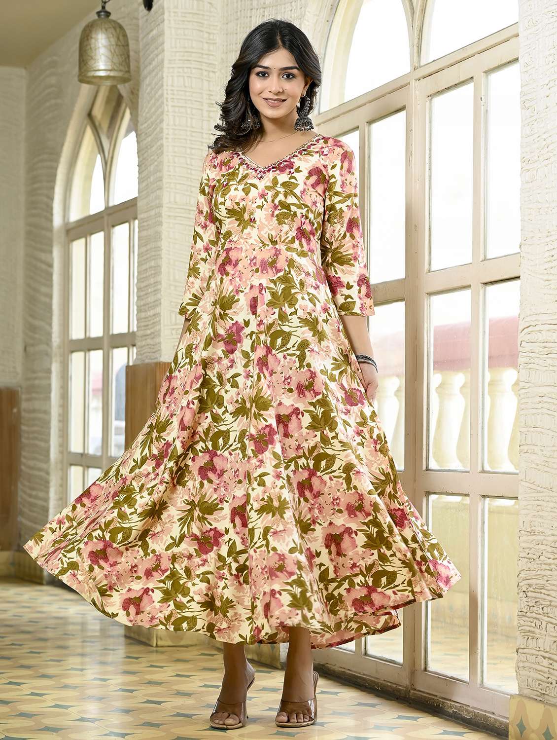 women floral three quarter sleeve flared ethnic dress