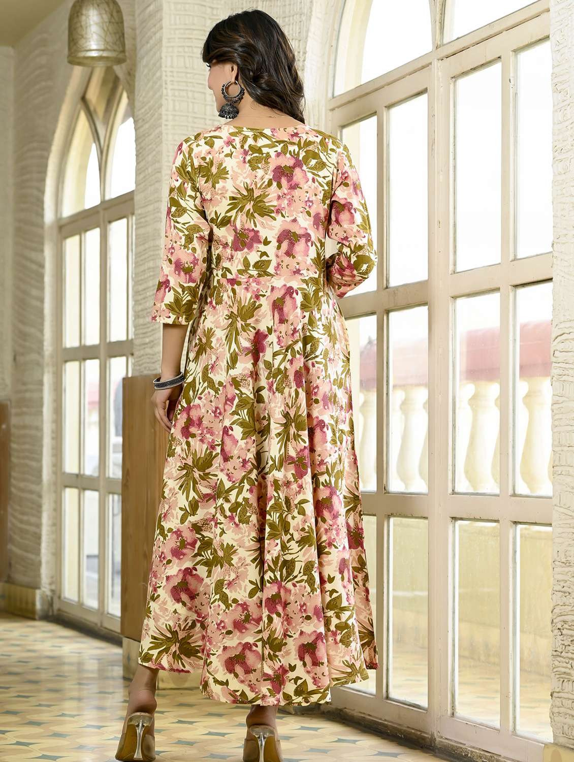 women floral three quarter sleeve flared ethnic dress - 22094131 -  Standard Image - 3