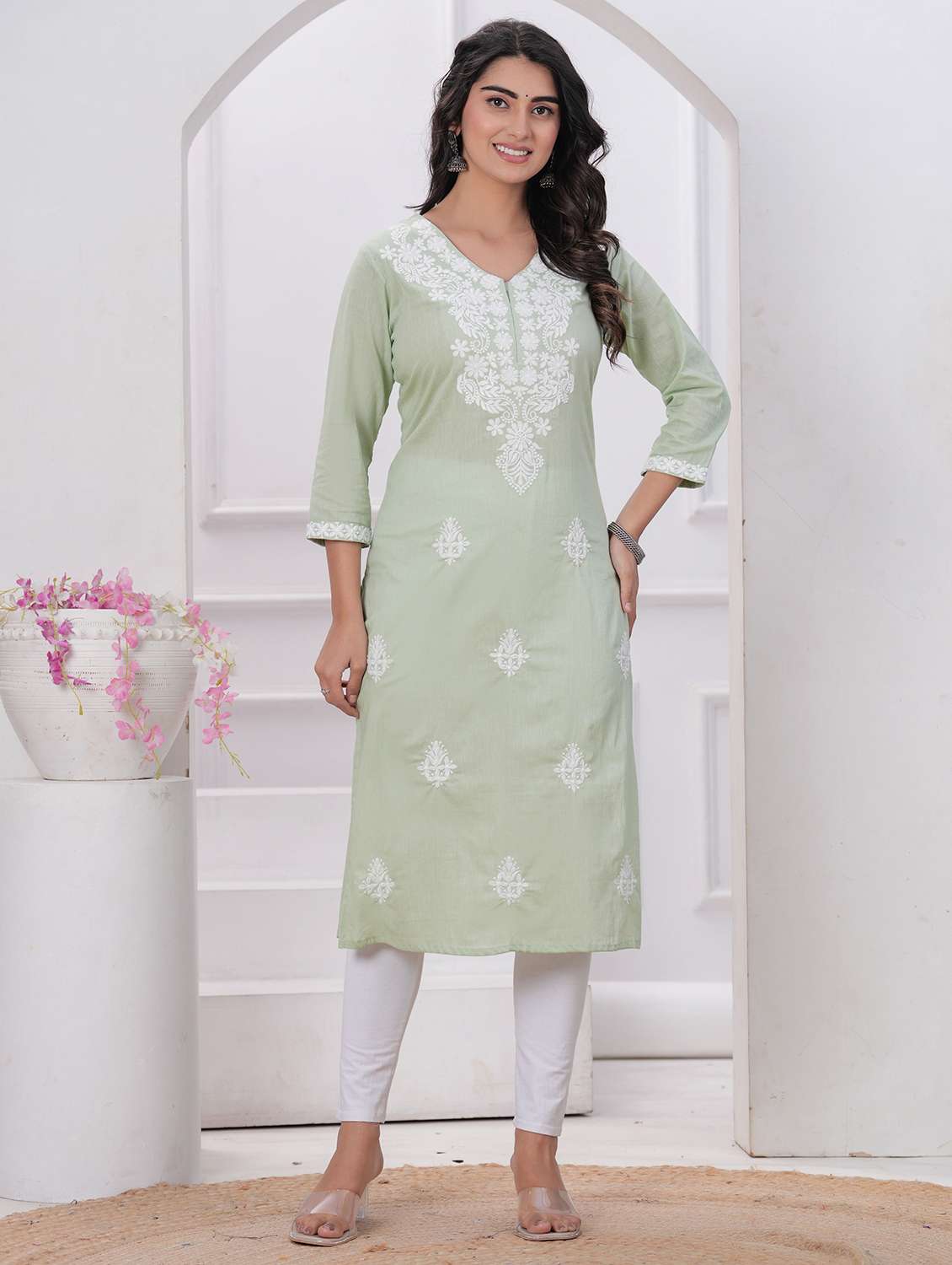 women solid with work three quarter sleeve straight kurta