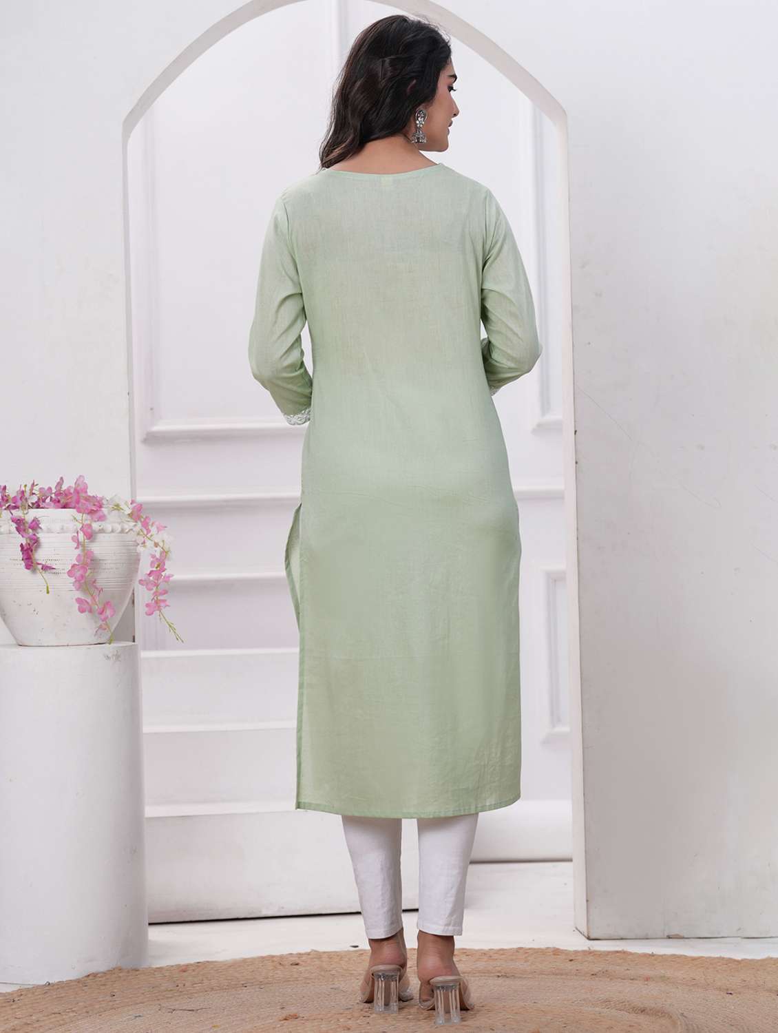 women solid with work three quarter sleeve straight kurta - 22094134 -  Standard Image - 3