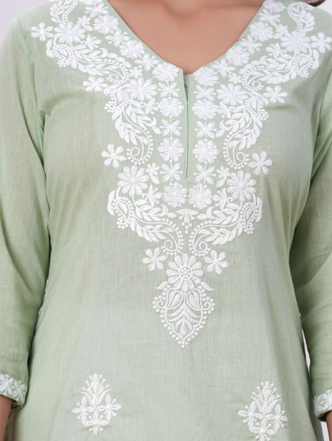 women solid with work three quarter sleeve straight kurta - 22094134 -  Standard Image - 5