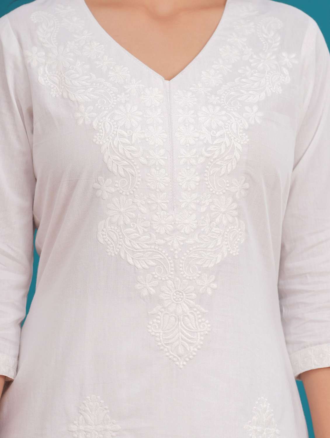 women solid with work three quarter sleeve straight kurta - 22094140 -  Standard Image - 5