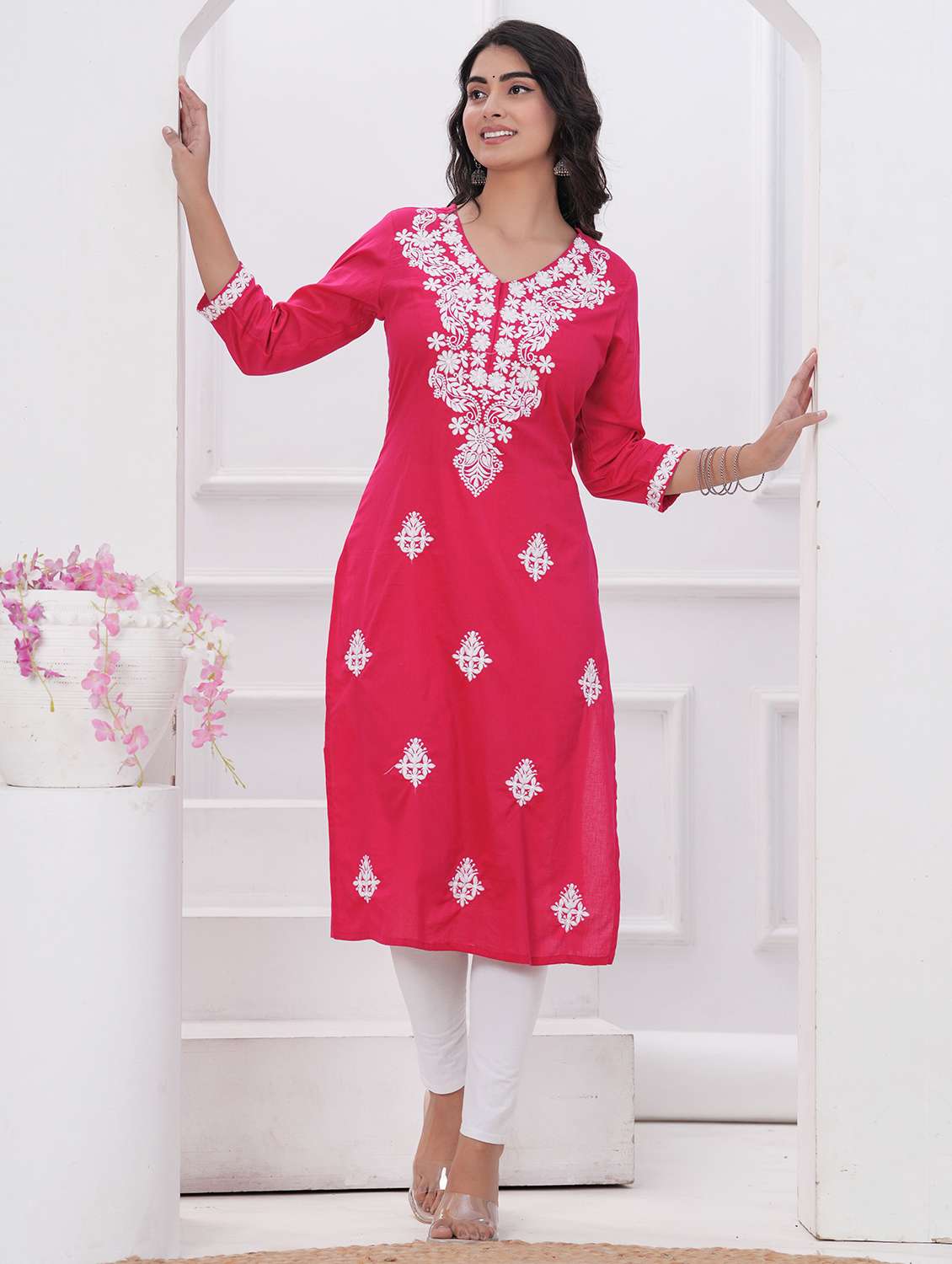 women solid with work three quarter sleeve straight kurta