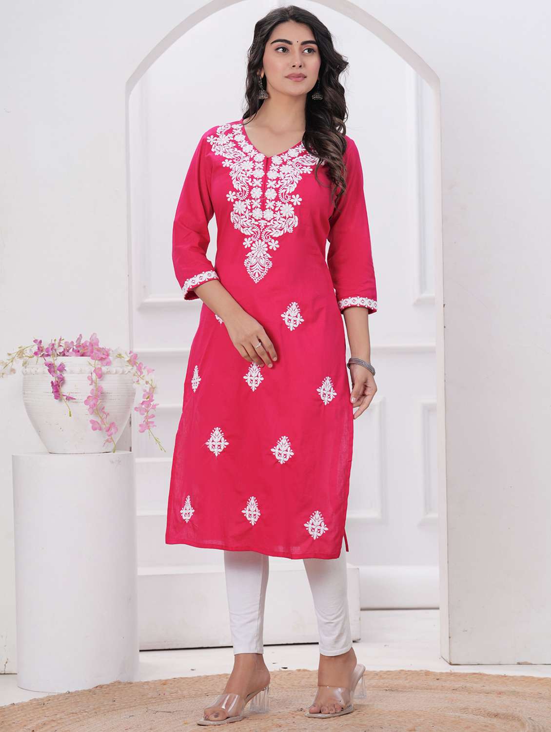women solid with work three quarter sleeve straight kurta - 22094142 -  Standard Image - 3