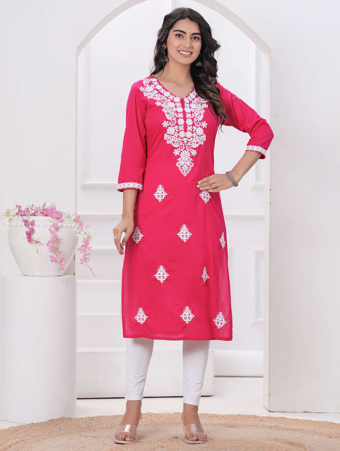 women solid with work three quarter sleeve straight kurta - 22094142 -  Standard Image - 5