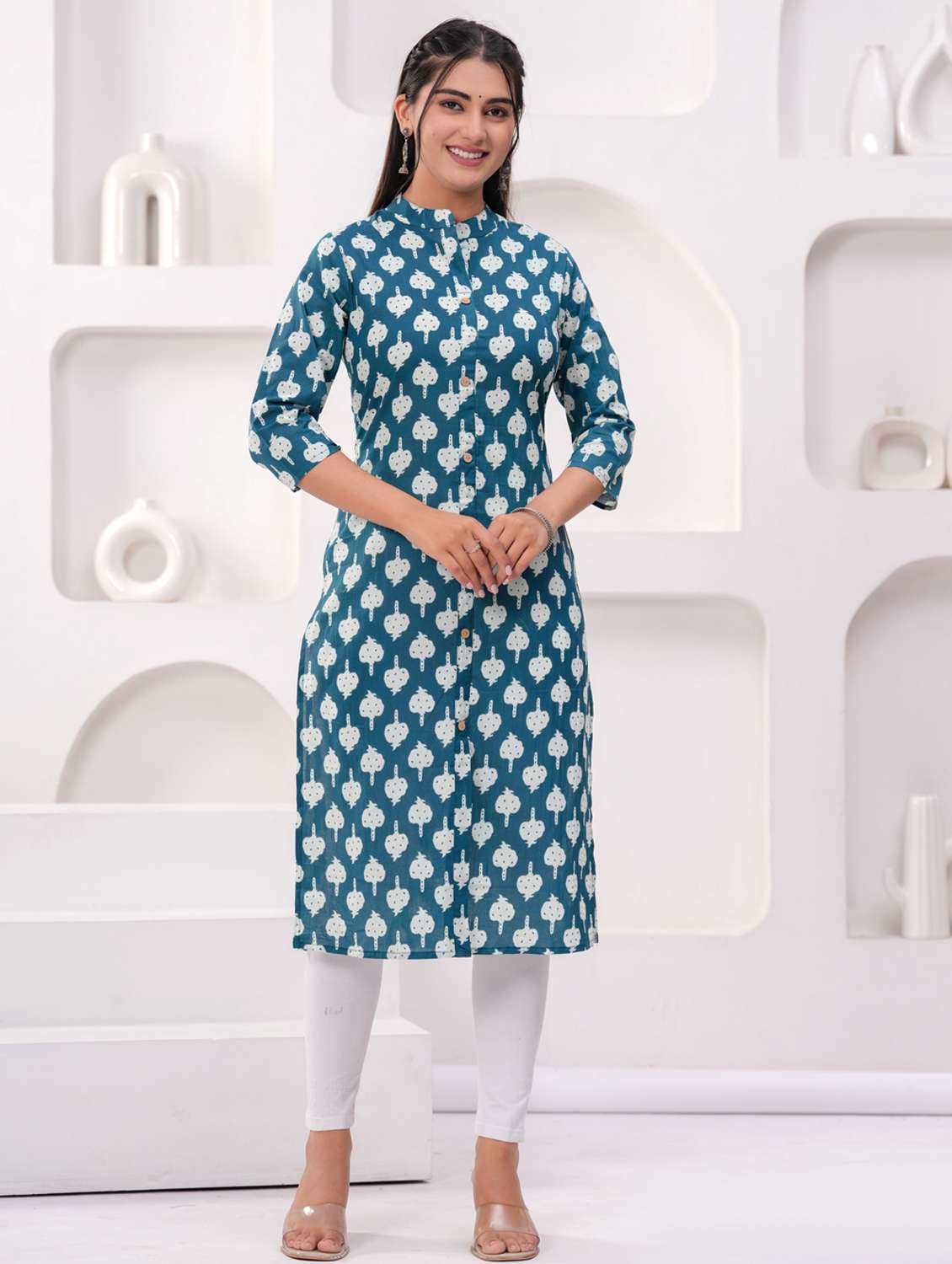women printed three quarter sleeve straight kurta - 22094149 -  Standard Image - 3