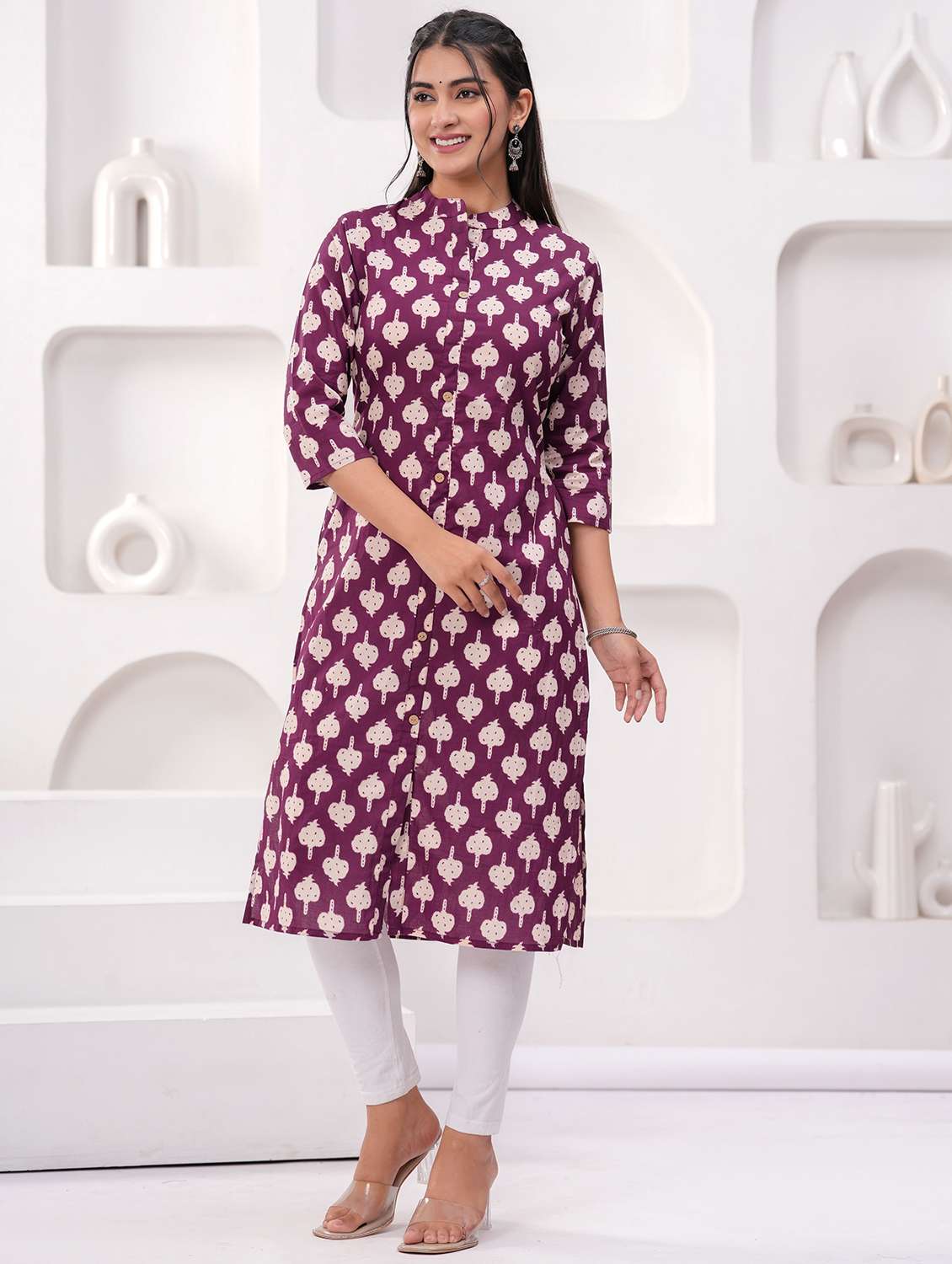 women printed three quarter sleeve straight kurta