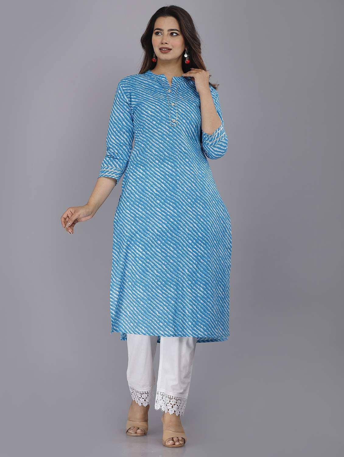 women leheriya three quarter sleeve straight kurta