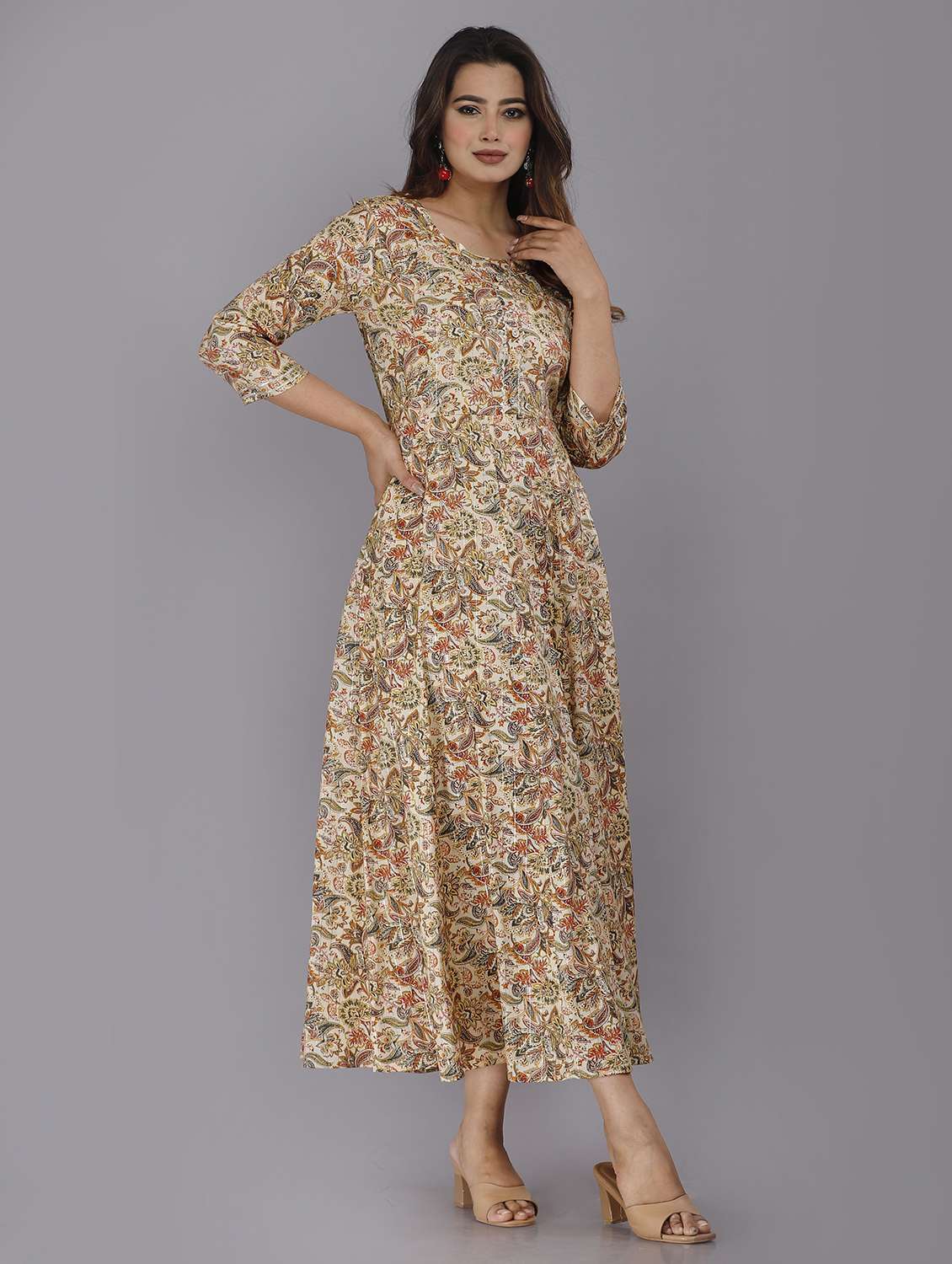 women floral three quarter sleeve a-line ethnic dress