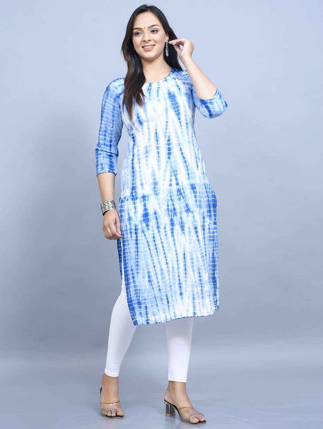 women tie & dye three quarter sleeve straight kurta