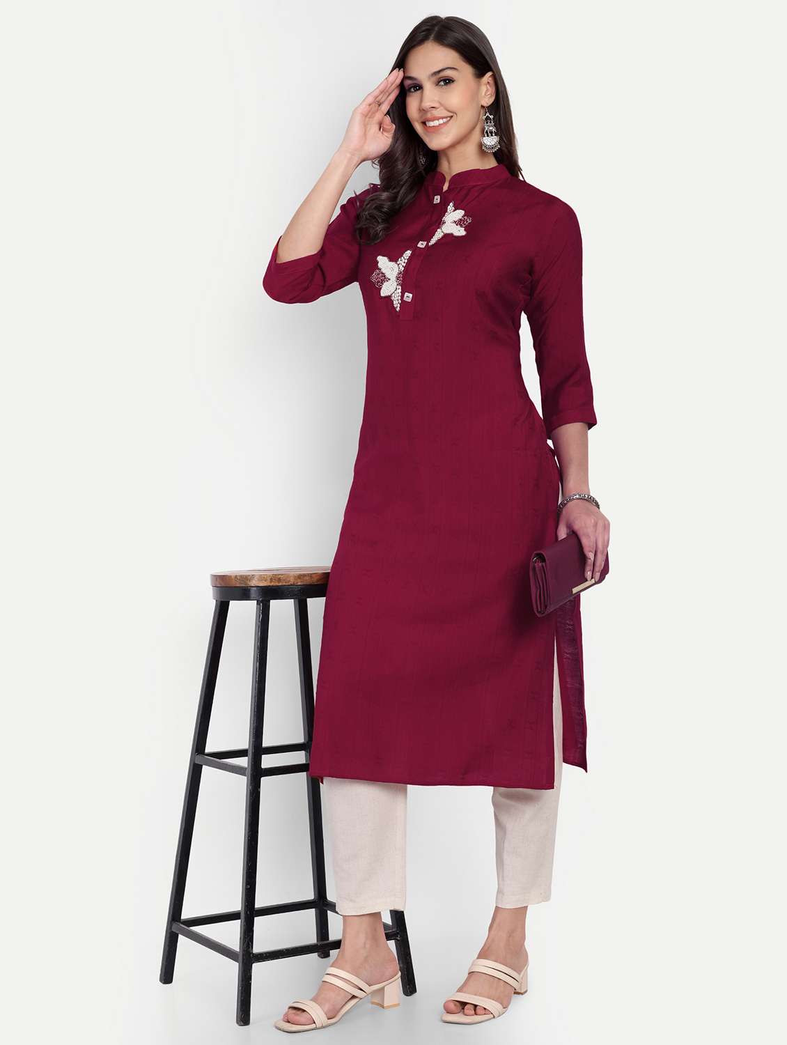 women solid with work three quarter sleeve straight kurta