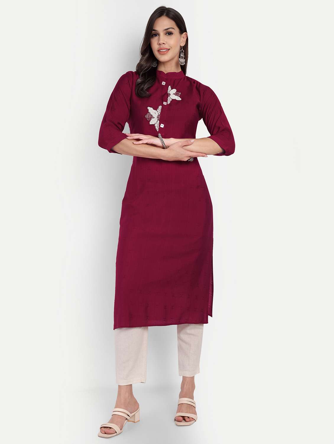 women solid with work three quarter sleeve straight kurta - 22094210 -  Standard Image - 3