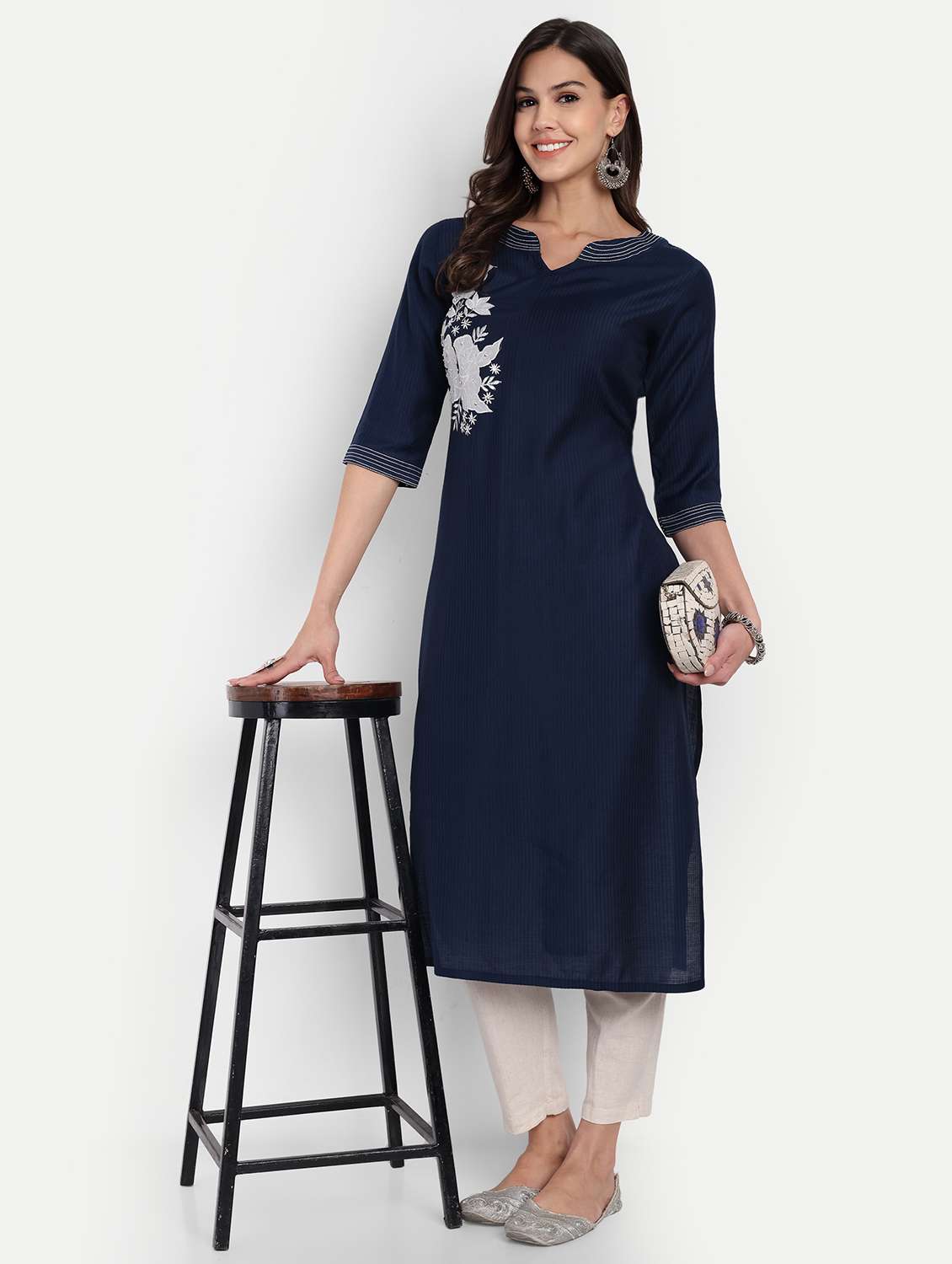 women solid with work three quarter sleeve straight kurta