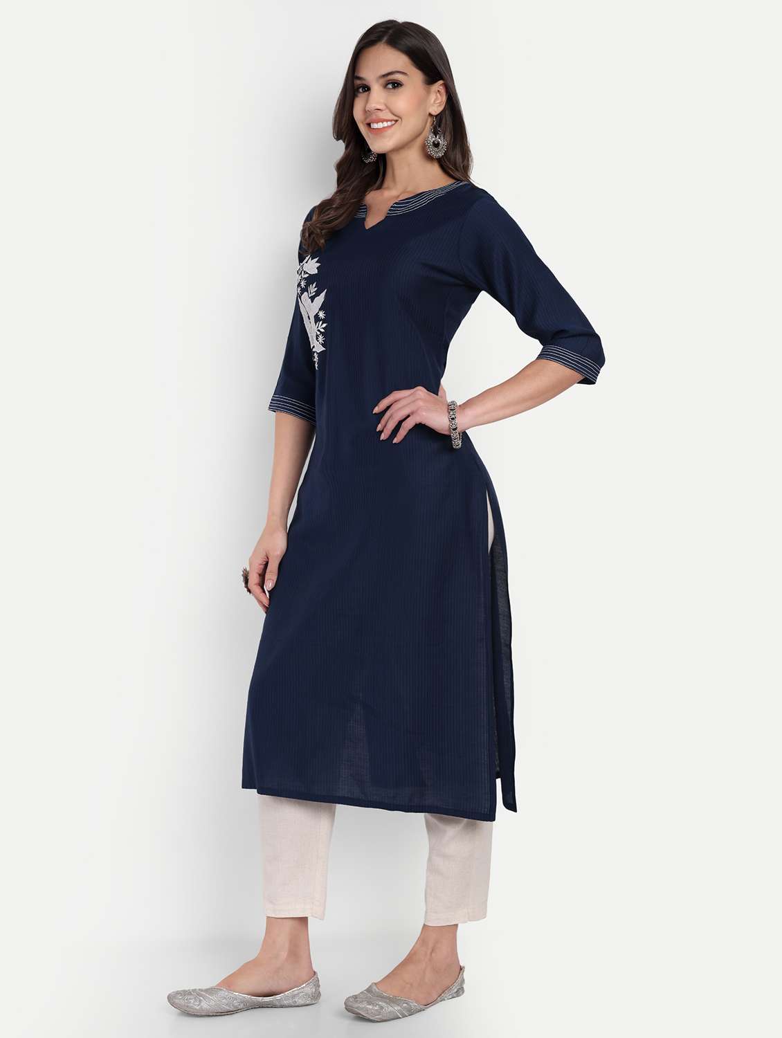 women solid with work three quarter sleeve straight kurta - 22094211 - Standard Image - 3