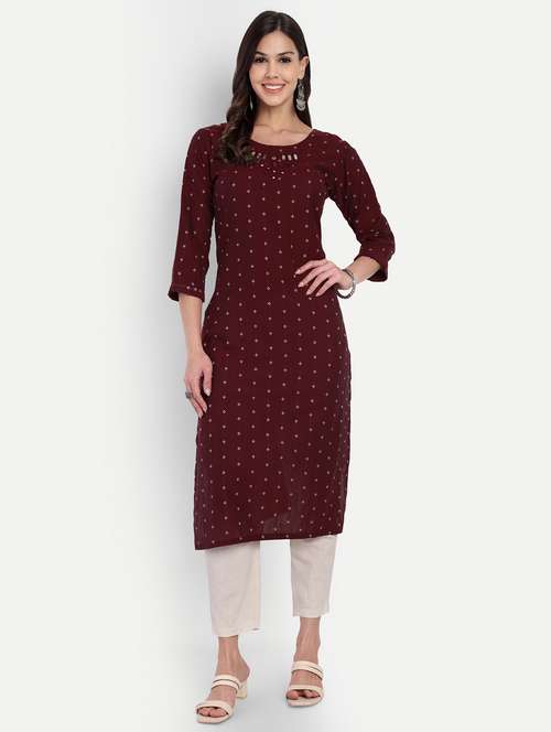 women self design three quarter sleeve straight kurta - 22094213 - Standard Image - 0