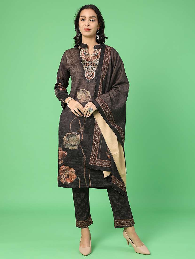 women printed woolen kurta and pant with dupatta set
