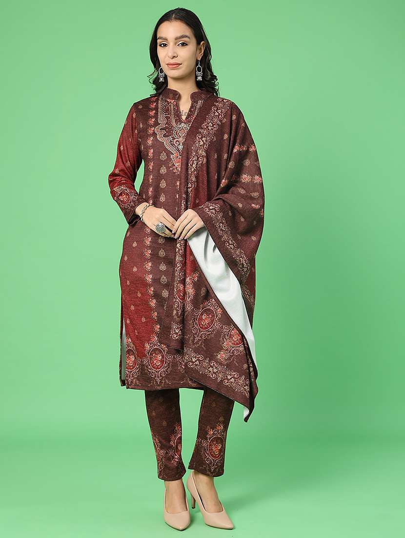 women printed woolen kurta and pant with dupatta set