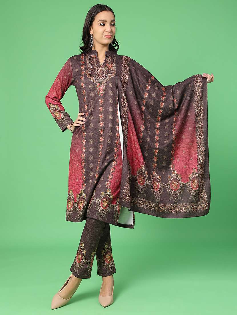 women printed woolen kurta and pant with dupatta set