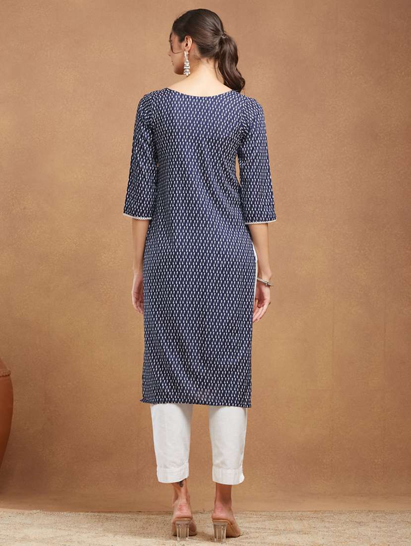 women printed three quarter sleeve straight kurta - 22094412 -  Standard Image - 3