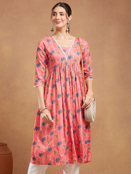 women floral printed three quarter sleeve a-line kurta - 22094413 -  Standard Image - 0