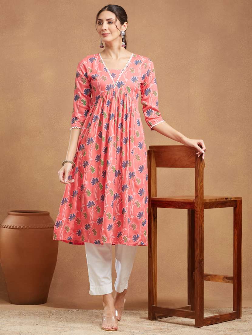 women floral printed three quarter sleeve a-line kurta - 22094413 - Standard Image - 3