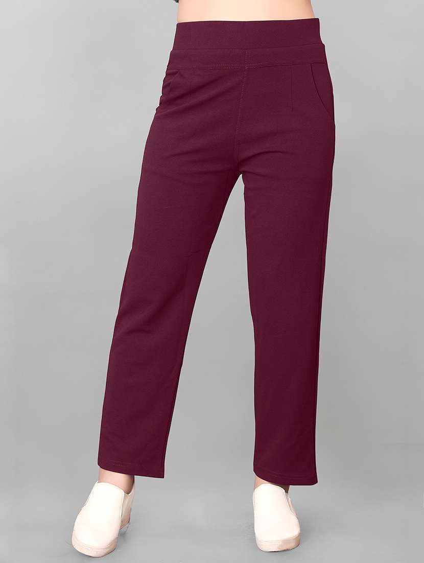 women solid mid rise straight trouser