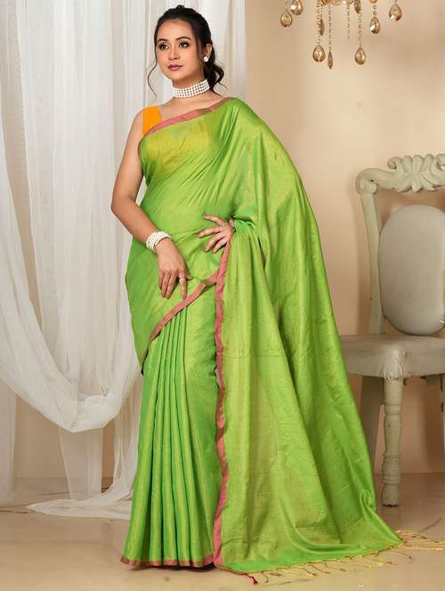 women solid handloom saree with blouse - 22094452 - Standard Image - 0