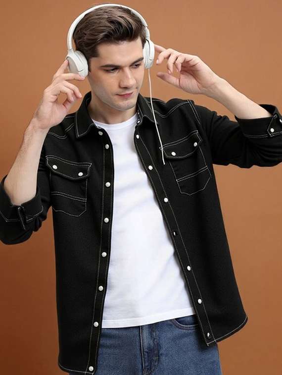 men solid long sleeve regular fit denim casual shirt