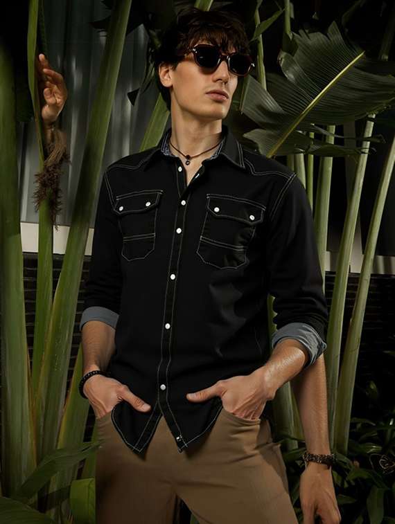 men solid long sleeve regular fit denim casual shirt