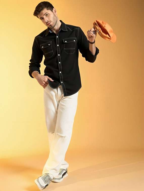 men solid long sleeve regular fit denim casual shirt - 22094483 -  Standard Image - 3