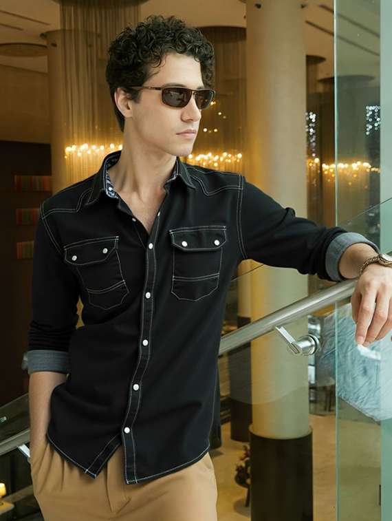 men solid long sleeve regular fit denim casual shirt