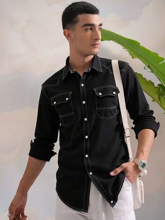 men solid long sleeve regular fit denim casual shirt