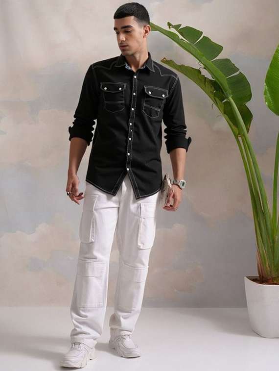 men solid long sleeve regular fit denim casual shirt - 22094497 -  Standard Image - 3