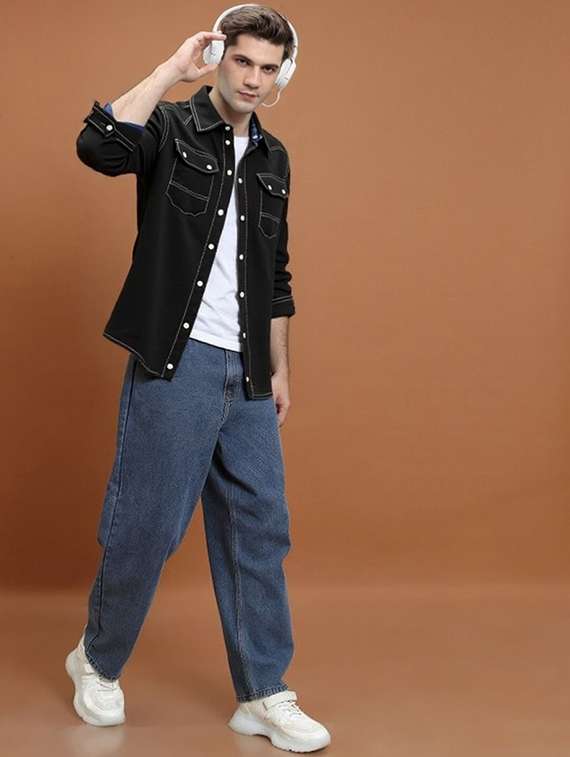 men solid long sleeve regular fit denim casual shirt - 22094499 -  Standard Image - 3