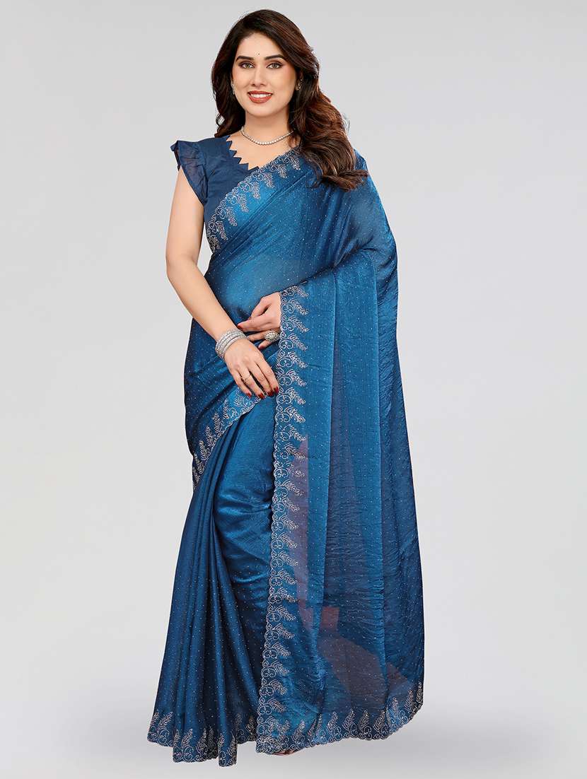 women solid with work embellished saree with blouse - 22100072 -  Zoom Image - 0