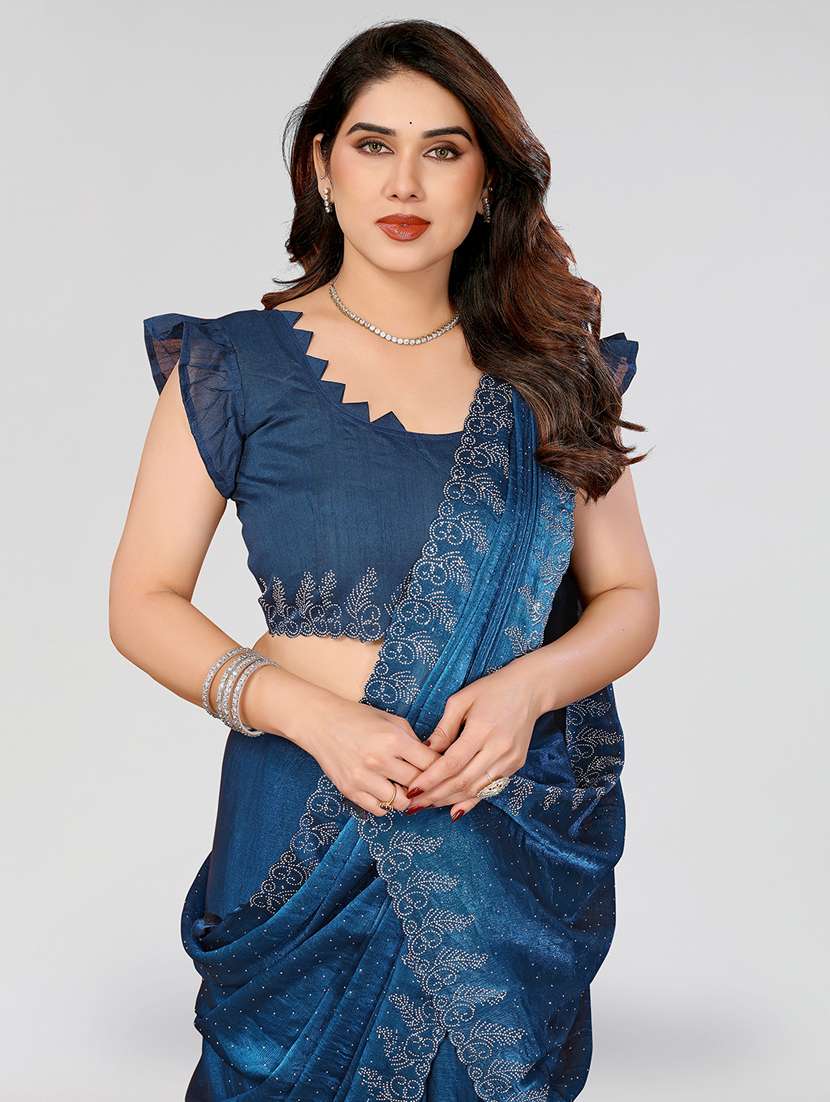 women solid with work embellished saree with blouse - 22100072 - Standard Image - 3