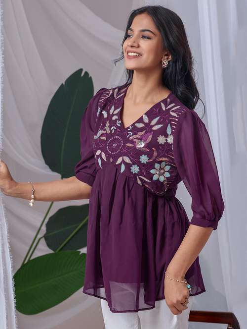 women embroidered v neck ethnic top - 22100794 -  Standard Image - 0