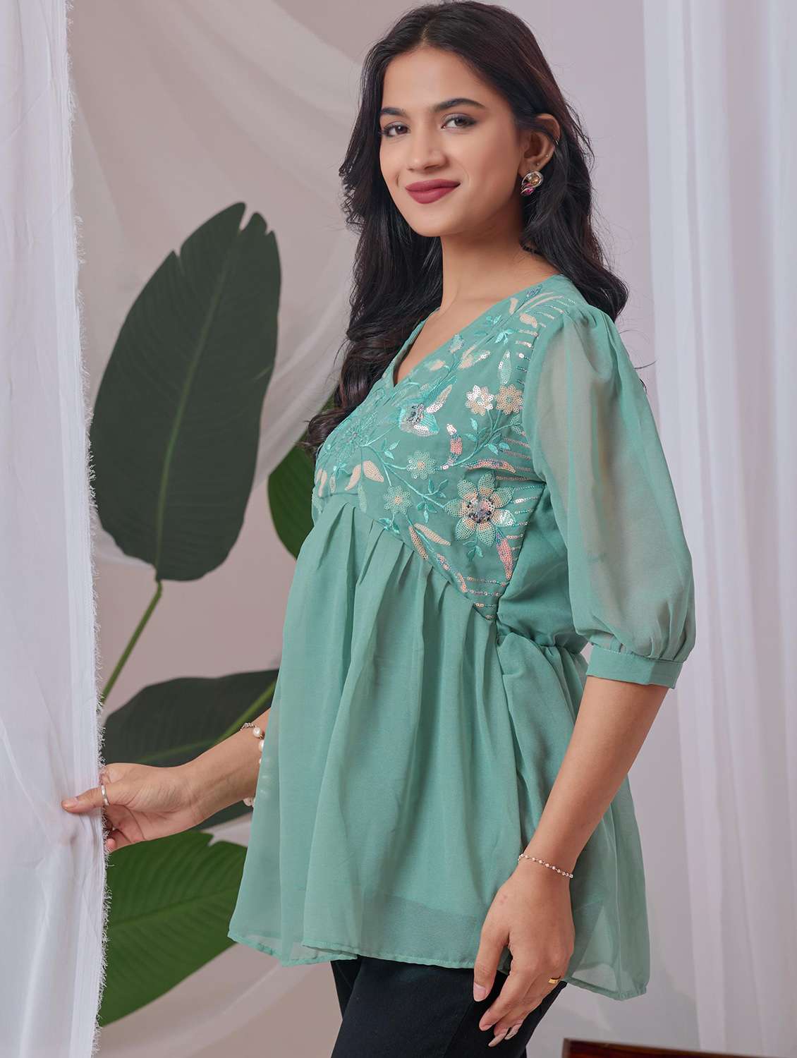 women embroidered v neck ethnic top