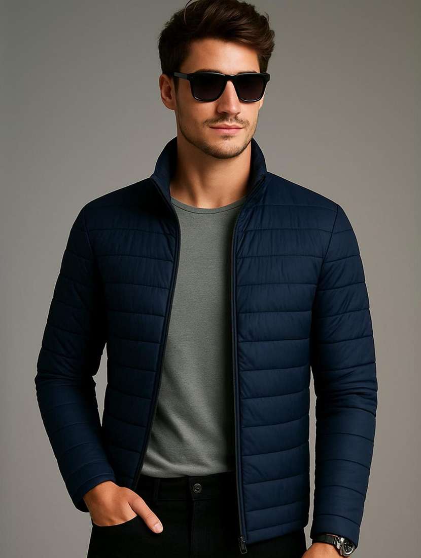 navy blue polyester quilted & puffer jacket