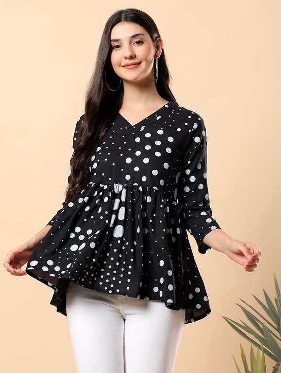 women polka dot printed three quarter sleeve flared top - 22100931 -  Zoom Image - 0