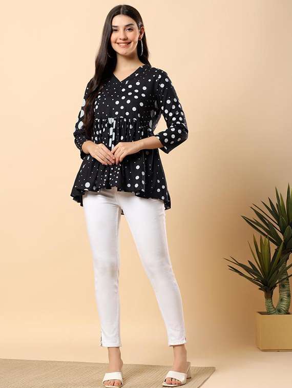 women polka dot printed three quarter sleeve flared top - 22100931 - Standard Image - 5