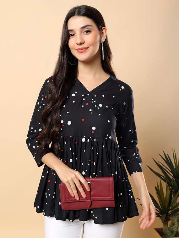 women polka dot printed three quarter sleeve flared top - 22100932 -  Zoom Image - 0