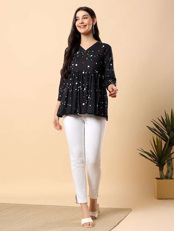 women polka dot printed three quarter sleeve flared top - 22100932 - Standard Image - 5