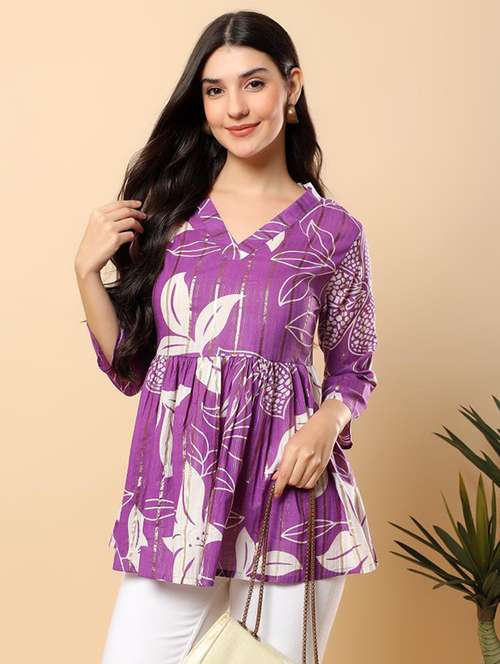 women printed three quarter sleeve flared top - 22100934 -  Standard Image - 0