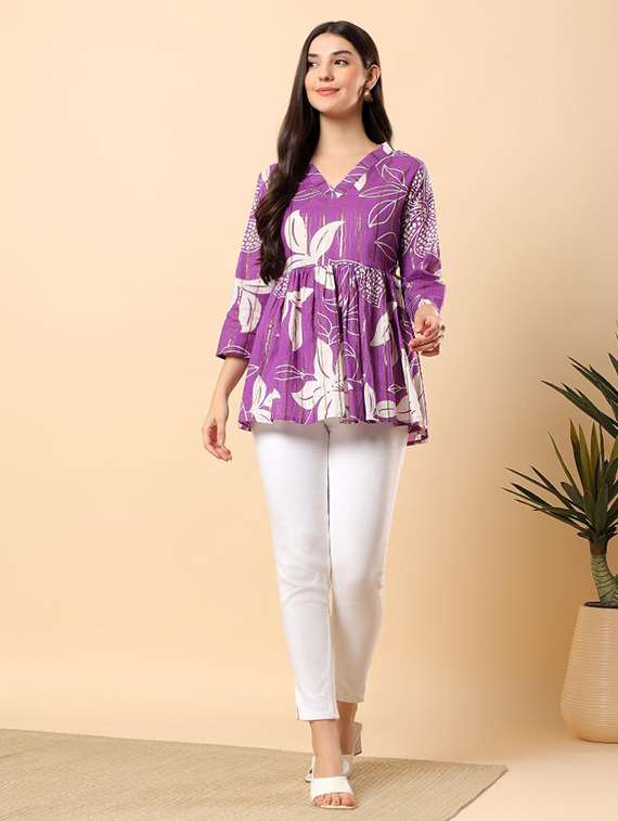 women printed three quarter sleeve flared top - 22100934 - Standard Image - 5