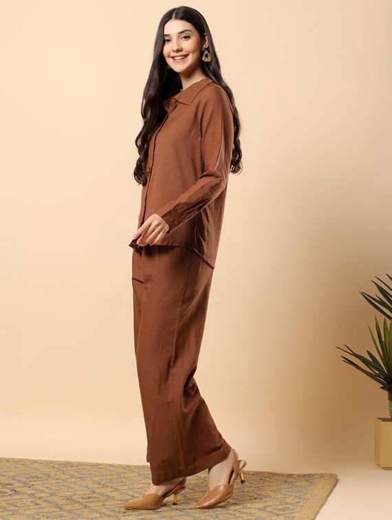 women solid long sleeve shirt & trouser co-ord set - 22100937 -  Standard Image - 3