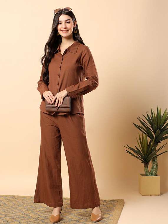 women solid long sleeve shirt & trouser co-ord set - 22100937 -  Standard Image - 5