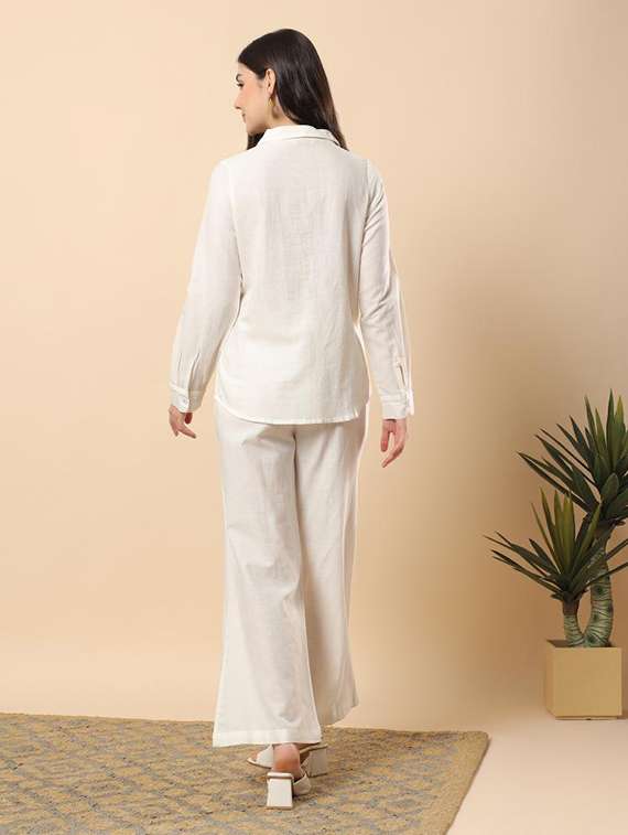 women solid long sleeve shirt & trouser co-ord set - 22100938 - Standard Image - 3