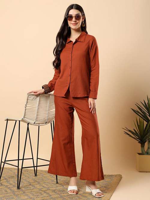 women solid long sleeve shirt & trouser co-ord set - 22100939 - Standard Image - 0