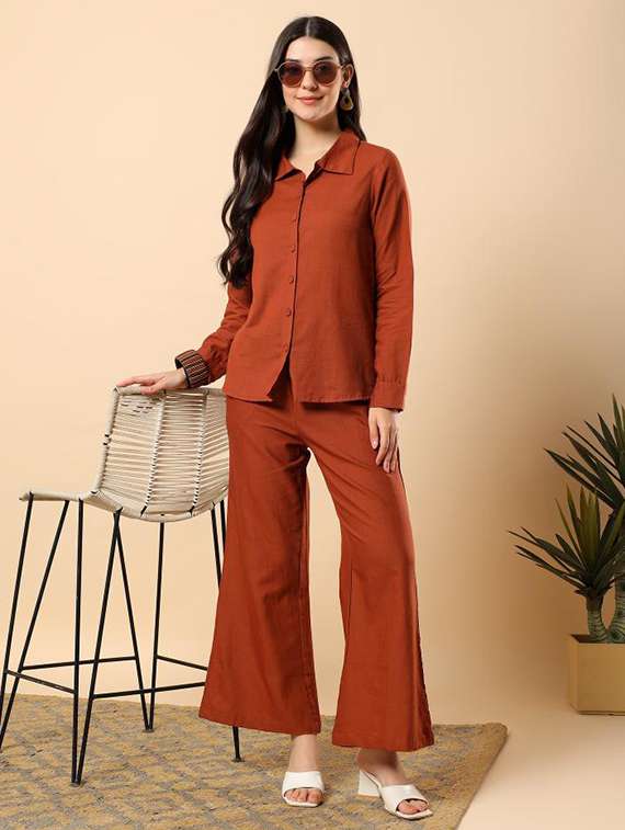 women solid long sleeve shirt & trouser co-ord set - 22100939 - Zoom Image - 0